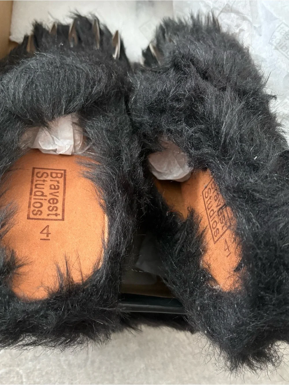 Bravest Studios Black Furry Kids Slippers with Silver Claws